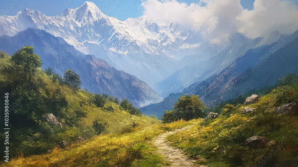 Oil painting capturing the beauty of a stunning trek renowned for its picturesque landscapes and surrounded by majestic mountains A true representation of nature s splendor Oil painting capturing the beauty of a stunning trek renowned for its picturesque landscapes and surrounded by majestic mountains A true representation of nature s splendor