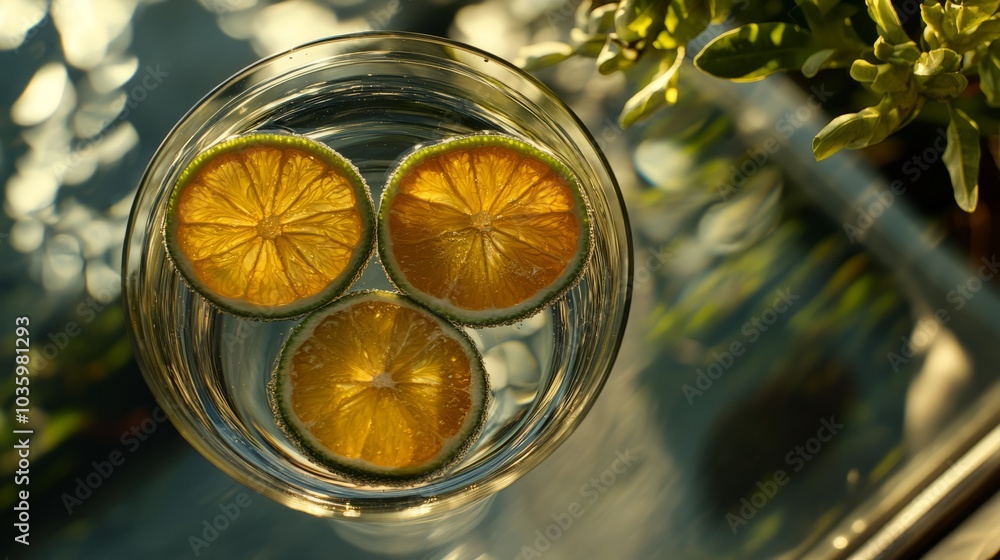 Three lime slices float in a glass of water, illuminated by the sun. Three lime slices float in a glass of water, illuminated by the sun.