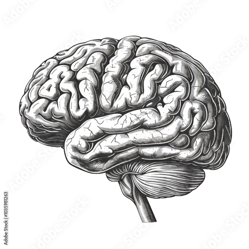 Black and white side view of a vintage brain engraved retro style isolated on a cutout PNG transparent background