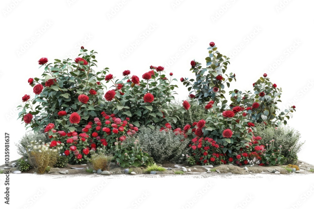 Fototapeta premium Isolated flowerbed with red flowers green foliage for garden design.