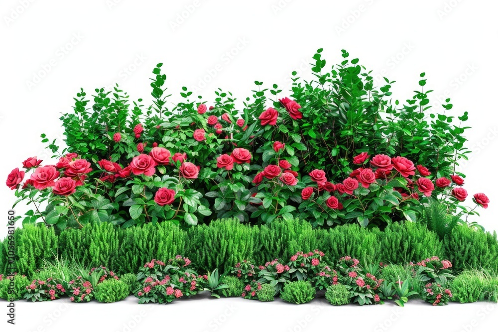 Isolated flowerbed with red flowers green foliage for garden design. Isolated flowerbed with red flowers green foliage for garden design.