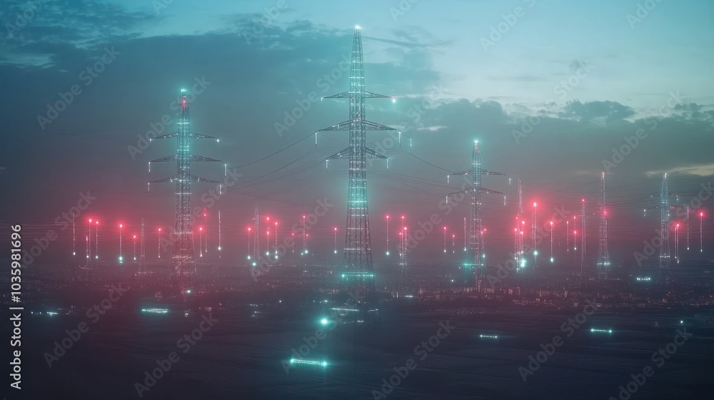 Fototapeta premium Advanced AI monitoring renewable energy grids, visualized in a sleek, high-tech style, copy space for text right or left or center choose one position, photo shot