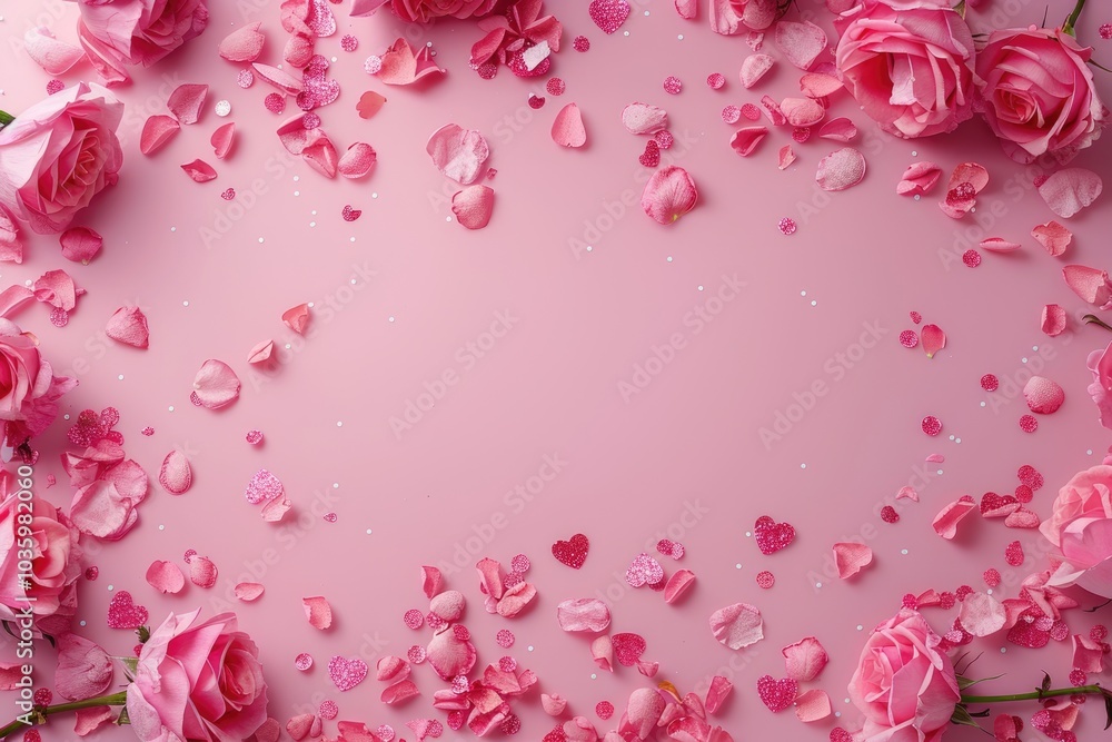 Frame made of rose flowers confetti on pink background. Valentines Day background. Frame made of rose flowers confetti on pink background. Valentines Day background.