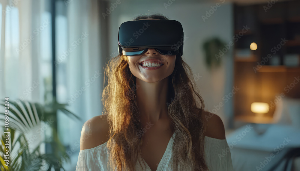smiling woman enjoys virtual reality experience in modern living room, surrounded by natural light and plants. Her joyful expression highlights immersive technology smiling woman enjoys virtual reality experience in modern living room, surrounded by natural light and plants. Her joyful expression highlights immersive technology