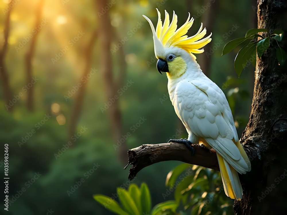 A sulfur-crested cockatoo with a raised crest sits vigorously against a blurred forest background A sulfur-crested cockatoo with a raised crest sits vigorously against a blurred forest background
