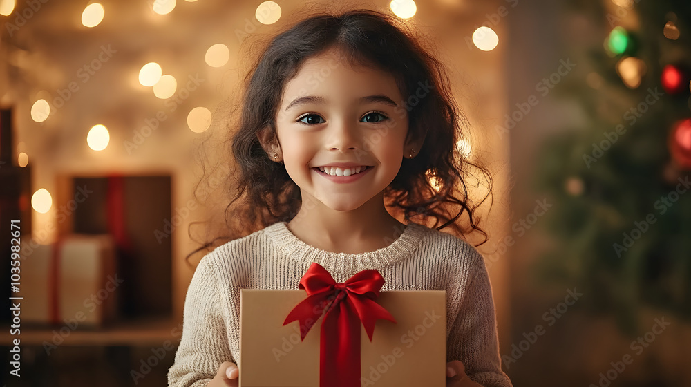 A young girl is holding a brown box with a red bow on it. She is smiling and she is happy A young girl is holding a brown box with a red bow on it. She is smiling and she is happy