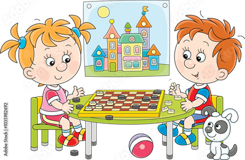 Little children playing checkers in a playroom of a kindergarten, vector cartoon illustration on a white background