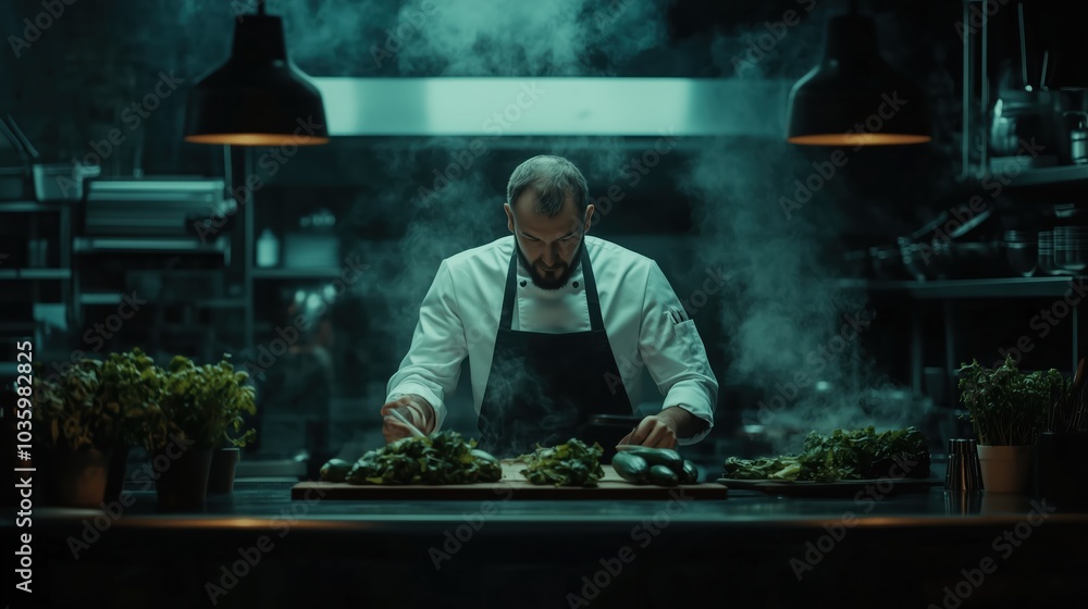 In a lively restaurant kitchen at night, a chef meticulously prepares fresh ingredients, surrounded by greenery and a warm atmosphere, highlighting culinary skills In a lively restaurant kitchen at night, a chef meticulously prepares fresh ingredients, surrounded by greenery and a warm atmosphere, highlighting culinary skills
