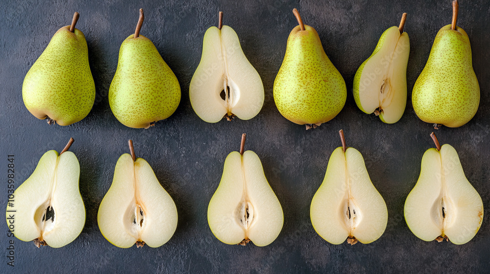 A set of green pears displayed in a variety of arrangements. A set of green pears displayed in a variety of arrangements.