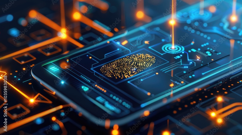 Fototapeta premium Futuristic technology interface with biometric fingerprint security on smartphone screen