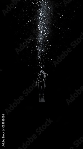 Silhouette of a Diver in the Deep Ocean
