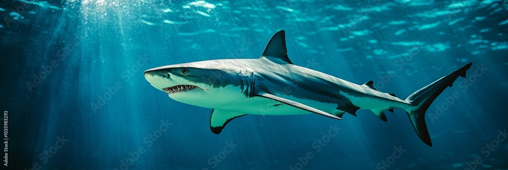 Obraz premium Shark Swimming in Blue Ocean Water - Underwater Wildlife Photography