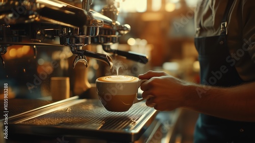 A barista expertly pours steamed milk into a cup of coffee, creating a beautiful latte art design. The warm café atmosphere enhances the inviting scene