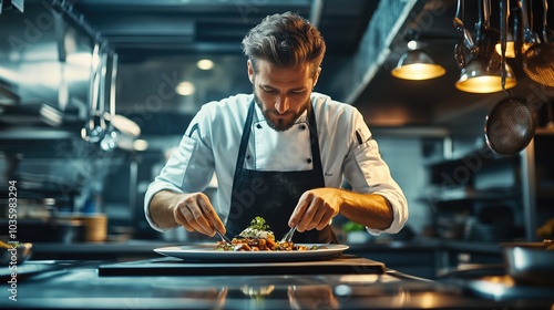 In a busy restaurant kitchen, a chef carefully plates a gourmet dish, showcasing his culinary expertise and attention to detail during the dinner rush