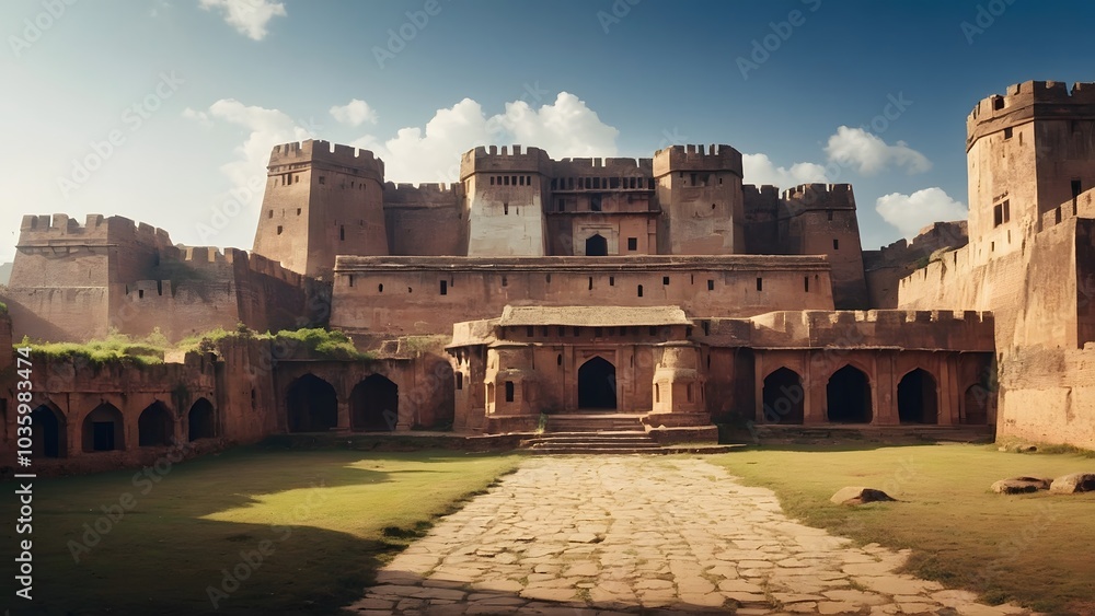 Fototapeta premium Historic Fort at Sunset Showcasing Ancient Architecture and Scenic Landscape in Rajasthan
