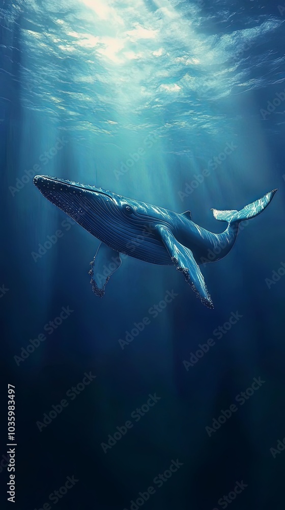 Fototapeta premium Majestic Blue Whale Swimming Underwater in Sunlight
