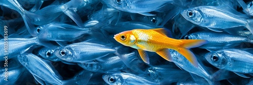 Goldfish Swimming in a School of Blue Fish