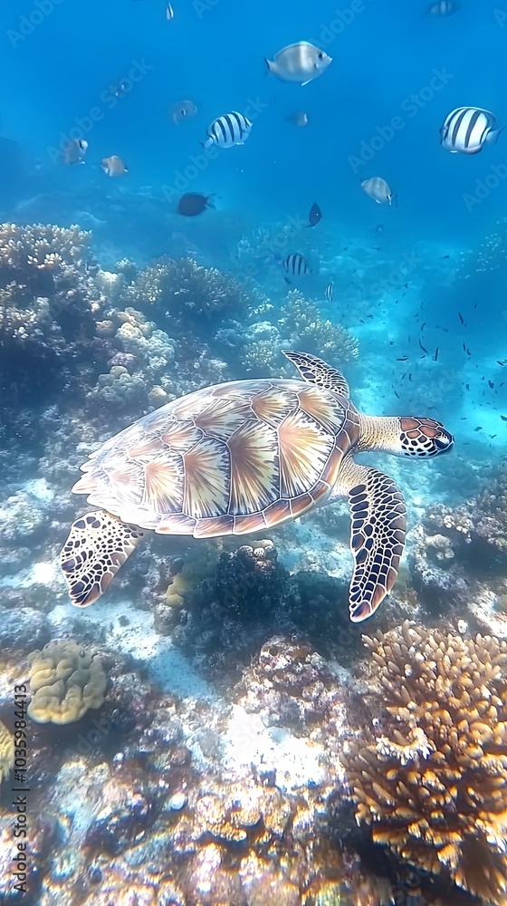 Sea Turtle Swimming Through a Vibrant Coral Reef Sea Turtle Swimming Through a Vibrant Coral Reef