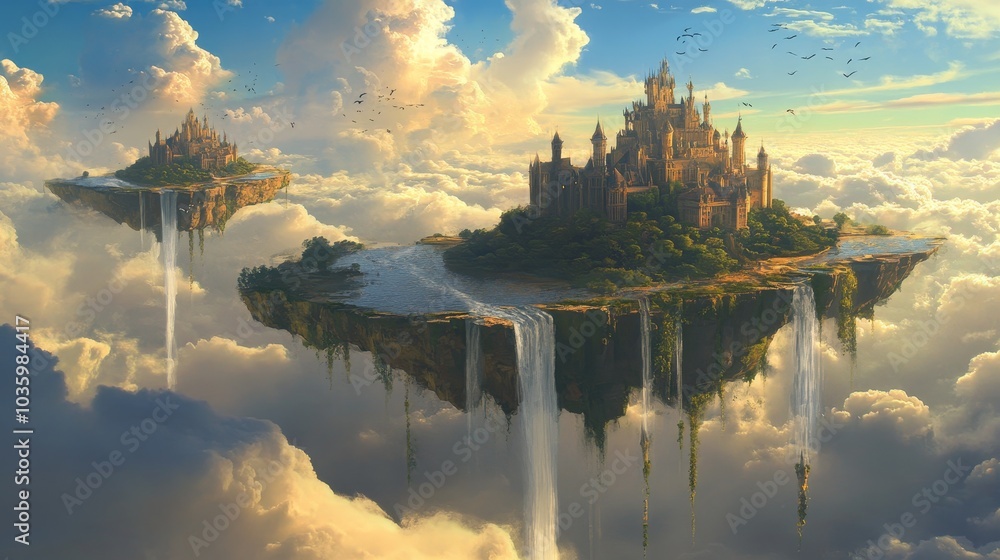 A breathtaking view of two majestic floating islands adorned with ancient castles, cascading waterfalls, and lush greenery, symbolizing dreams, wonder, isolation, and the boundless possibilities of im A breathtaking view of two majestic floating islands adorned with ancient castles, cascading waterfalls, and lush greenery, symbolizing dreams, wonder, isolation, and the boundless possibilities of im