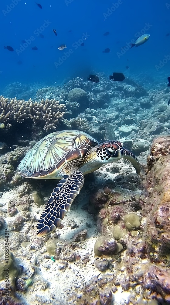 Naklejka premium Sea Turtle Swimming Through Coral Reef in the Ocean