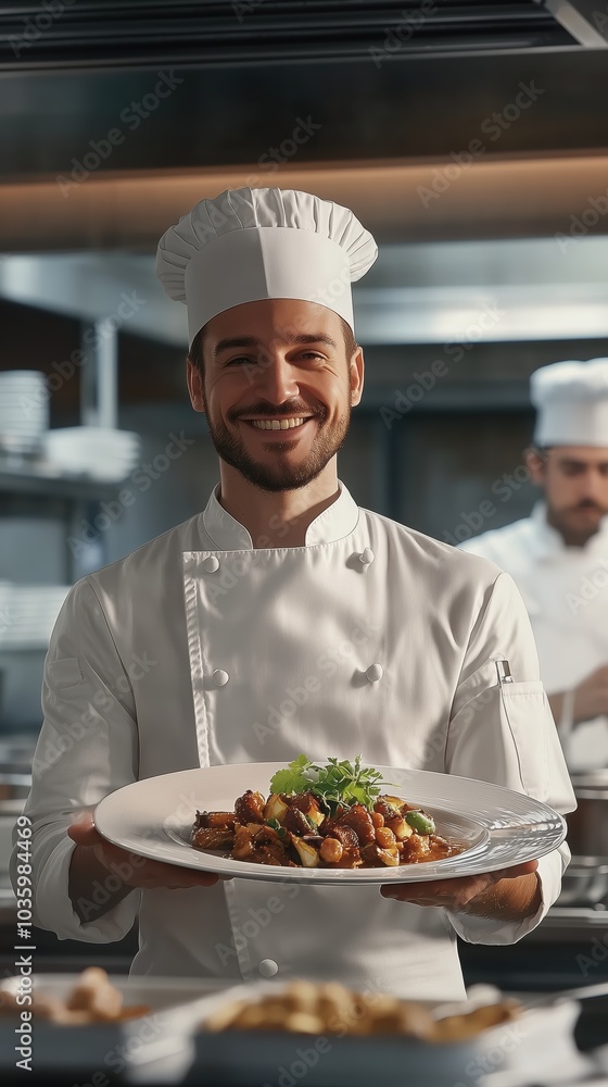 A joyful chef holds up a beautifully plated gourmet dish, smiling proudly in a busy restaurant kitchen filled with culinary activity and team camaraderie