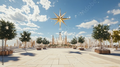 A large golden star is in the sky above a city