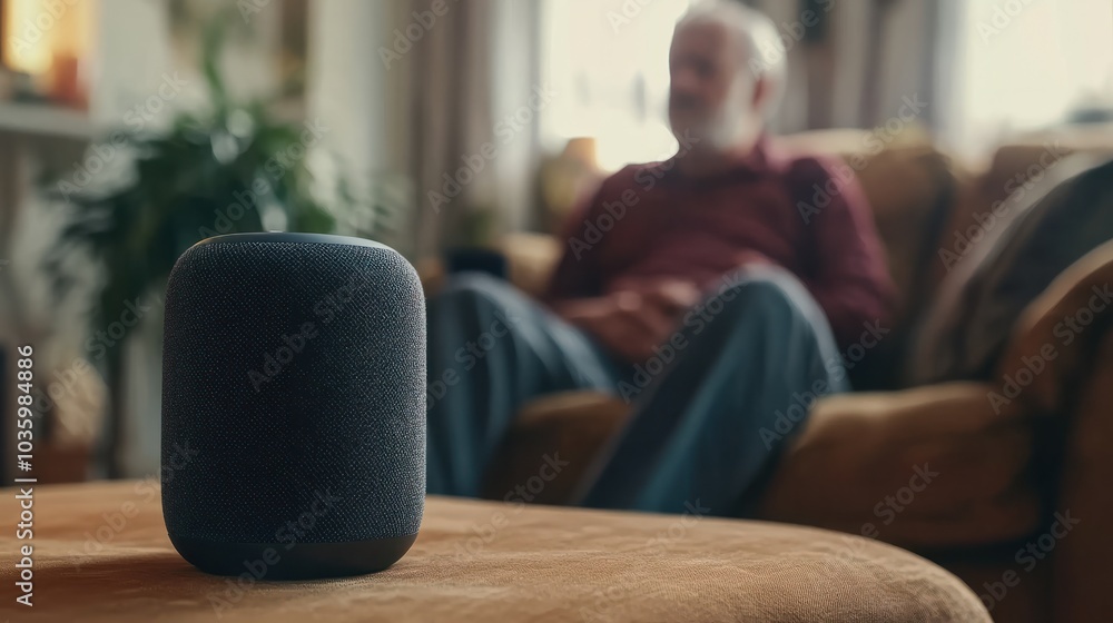 Close-up of a wireless speaker in front of an elderly man sitting on a sofa - representing the integration of smart home technology for senior citizens. Close-up of a wireless speaker in front of an elderly man sitting on a sofa - representing the integration of smart home technology for senior citizens.