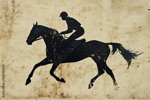 illustrated vintage silhouette of a jockey on their horse photo