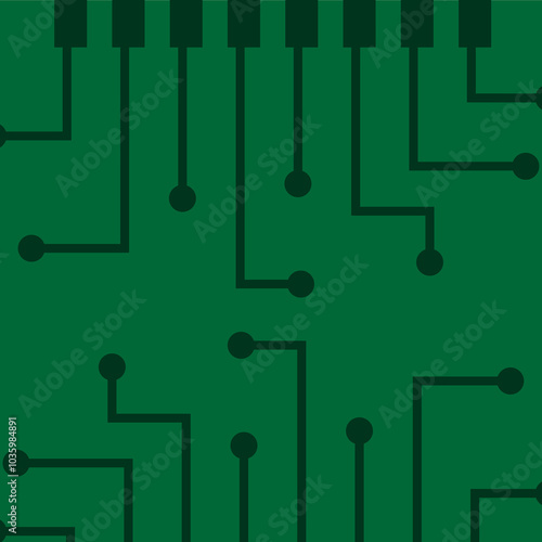 Green circuit board pattern with black lines and circles representing electronic pathways and connections.
