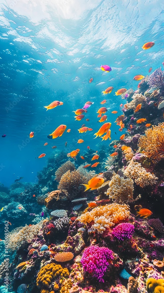 Naklejka premium Vibrant Underwater World: Colorful Fish and Coral Reef