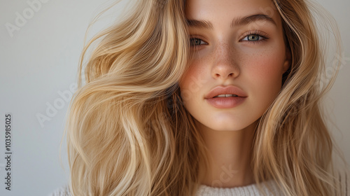 Young woman with long wavy blonde hair and freckles in soft natural light