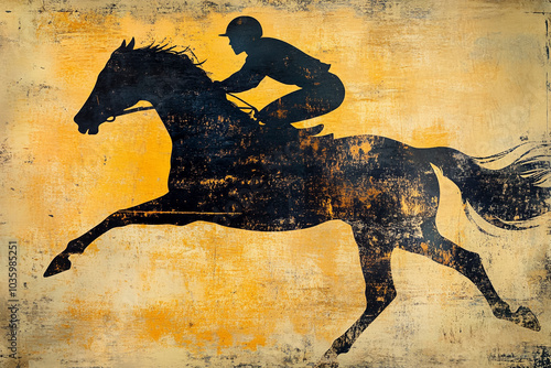 illustrated vintage silhouette of a jockey on their horse photo