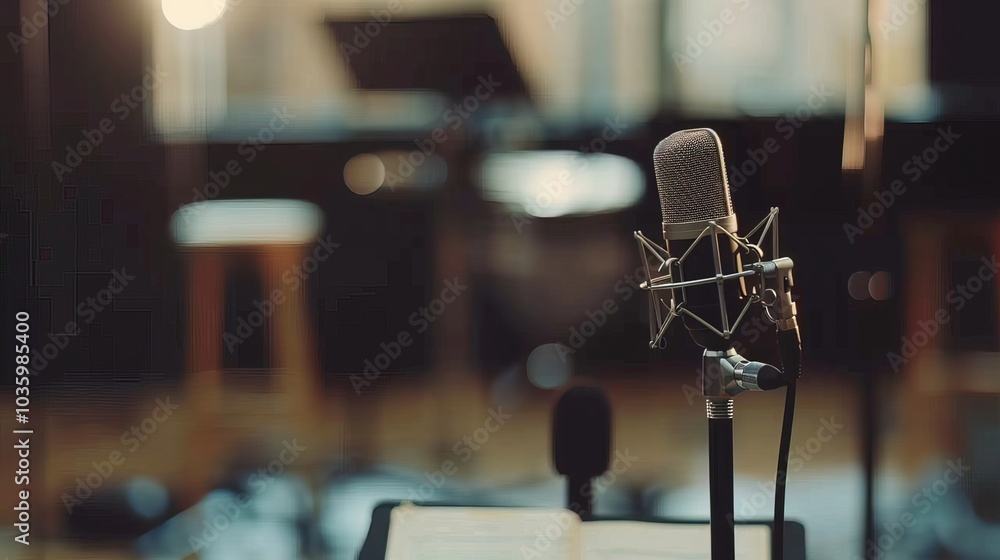 Close-up of microphone on stand in soundproof recording studio, positioned in front of script stand, symbolizing voice acting and audio production. Close-up of microphone on stand in soundproof recording studio, positioned in front of script stand, symbolizing voice acting and audio production.
