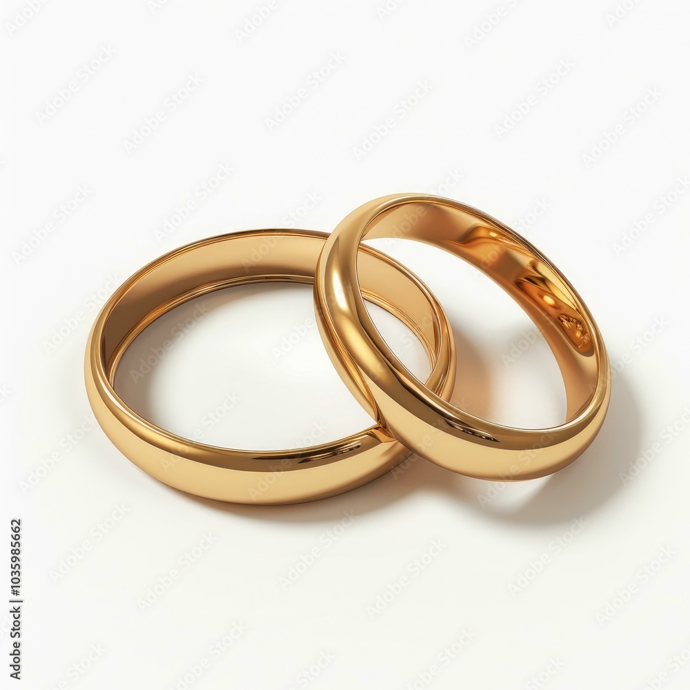 Two golden wedding rings are lying on a white background, symbolizing love, commitment, and the enduring bond of marriage Two golden wedding rings are lying on a white background, symbolizing love, commitment, and the enduring bond of marriage