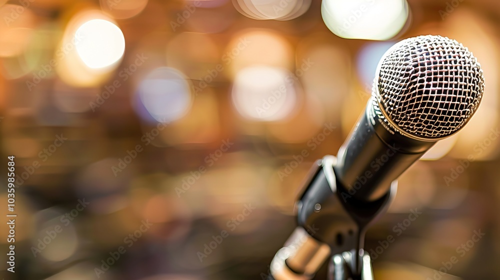 Close-up of microphone on stand in soundproof recording studio, positioned in front of script stand, symbolizing voice acting and audio production. Close-up of microphone on stand in soundproof recording studio, positioned in front of script stand, symbolizing voice acting and audio production.