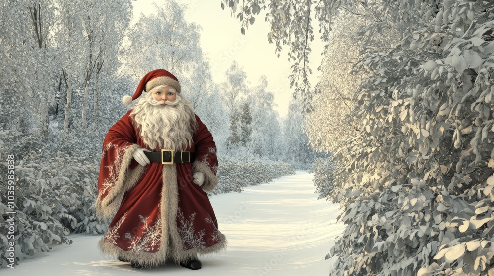 A large, fat Santa Claus stands in the snow, wearing a red suit and a red hat A large, fat Santa Claus stands in the snow, wearing a red suit and a red hat