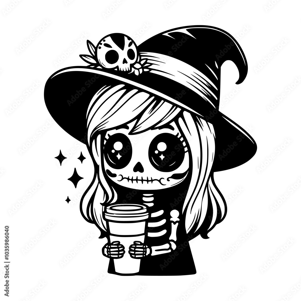 Cute vector illustration of a skeleton girl wearing a witch hat, holding a coffee cup with a skull accessory, perfect for Halloween-themed designs. Cute vector illustration of a skeleton girl wearing a witch hat, holding a coffee cup with a skull accessory, perfect for Halloween-themed designs.