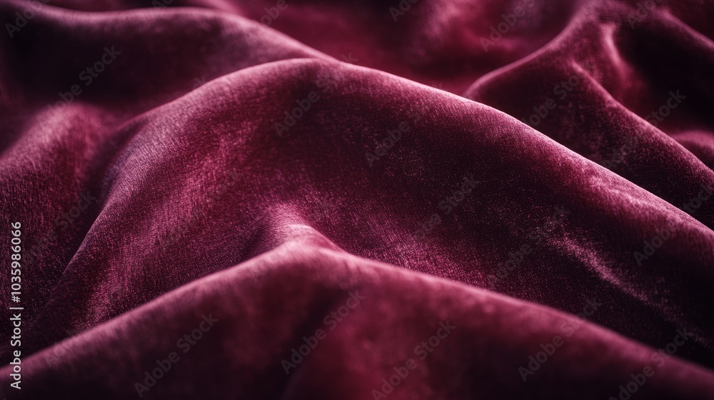 Obraz premium A close-up shot of a sumptuous burgundy velvet fabric, showcasing its soft, plush texture and rich color. The fabric is gently draped, creating subtle folds and curves that highlight its luxurious qua