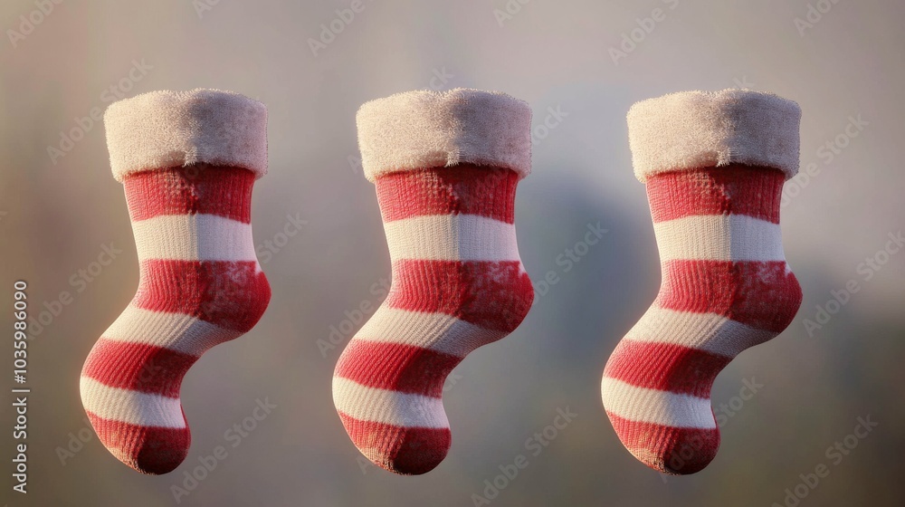 Three red and white striped socks are suspended in the air Three red and white striped socks are suspended in the air