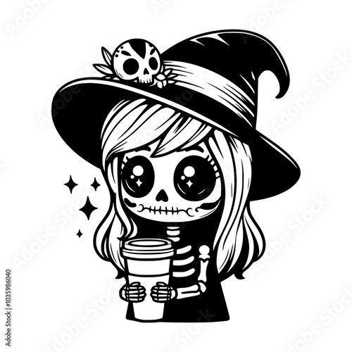 Cute vector illustration of a skeleton girl wearing a witch hat, holding a coffee cup with a skull accessory, perfect for Halloween-themed designs.