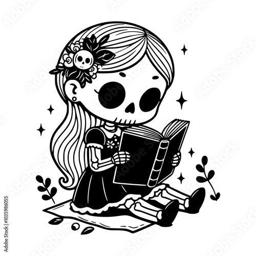 Cute vector illustration of a skeleton girl with flowers in her hair, sitting and reading a book, blending spooky and whimsical elements.