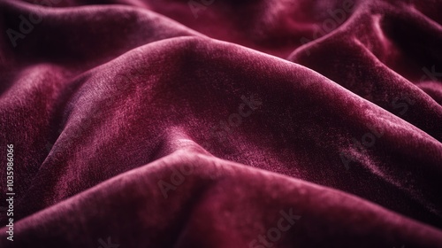 A close-up shot of a sumptuous burgundy velvet fabric, showcasing its soft, plush texture and rich color. The fabric is gently draped, creating subtle folds and curves that highlight its luxurious qua photo