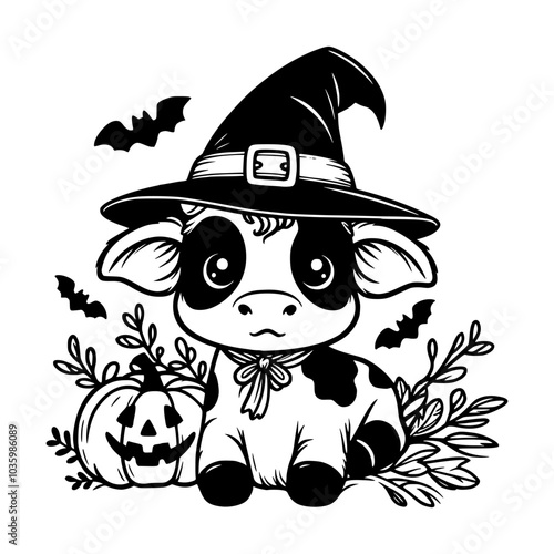 Cute vector illustration of a cute cow wearing a witch hat, sitting next to a jack-o’-lantern with bats flying around, perfect for Halloween designs.