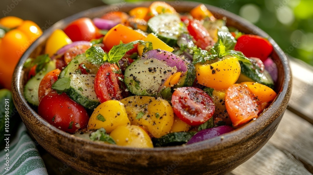 A colorful and refreshing summer salad bowl filled with fresh cucumbers, tomatoes, onions, and herbs. Perfect for a light and healthy meal. A colorful and refreshing summer salad bowl filled with fresh cucumbers, tomatoes, onions, and herbs. Perfect for a light and healthy meal.
