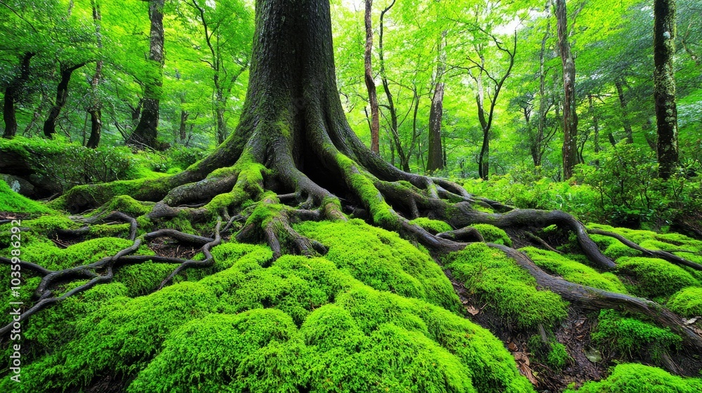 Obraz premium Moss Covered Tree Roots in a Lush Forest