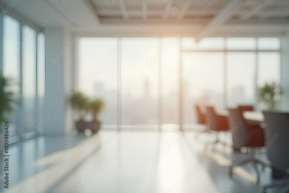 Fototapeta premium Beautiful blurred background of a light modern office interior with panoramic windows and beautiful lighting.