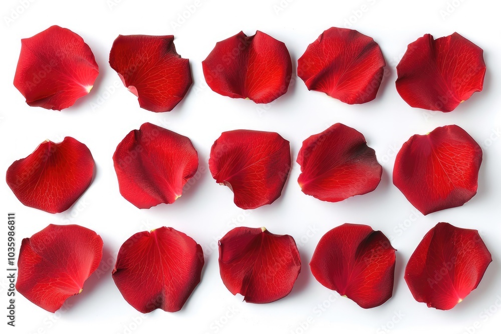 Set of 16 red rose petals on white background Set of 16 red rose petals on white background