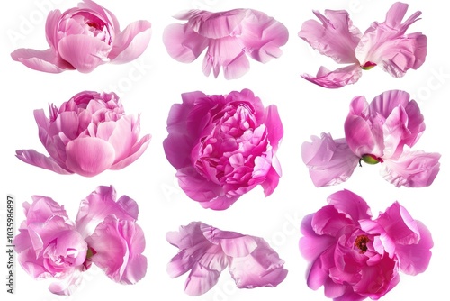 Set of pink peony petals isolated on white