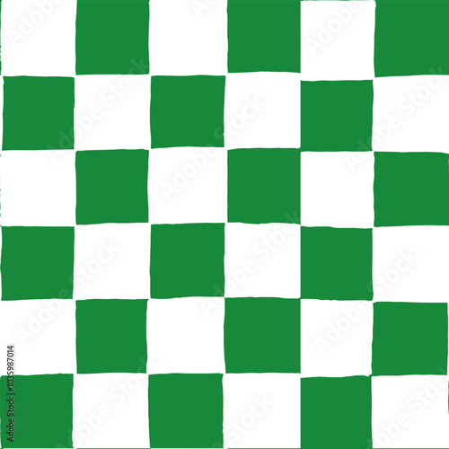 Seamless vector repeat pattern with hand drawn checkerboard in green and white, uneven organic edges. Green checkers for St Patrick day, spring, Kelly green for packaging, fabric, fashion, stationery