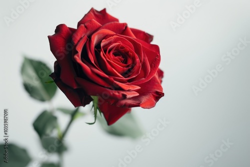 Single red rose on white background.